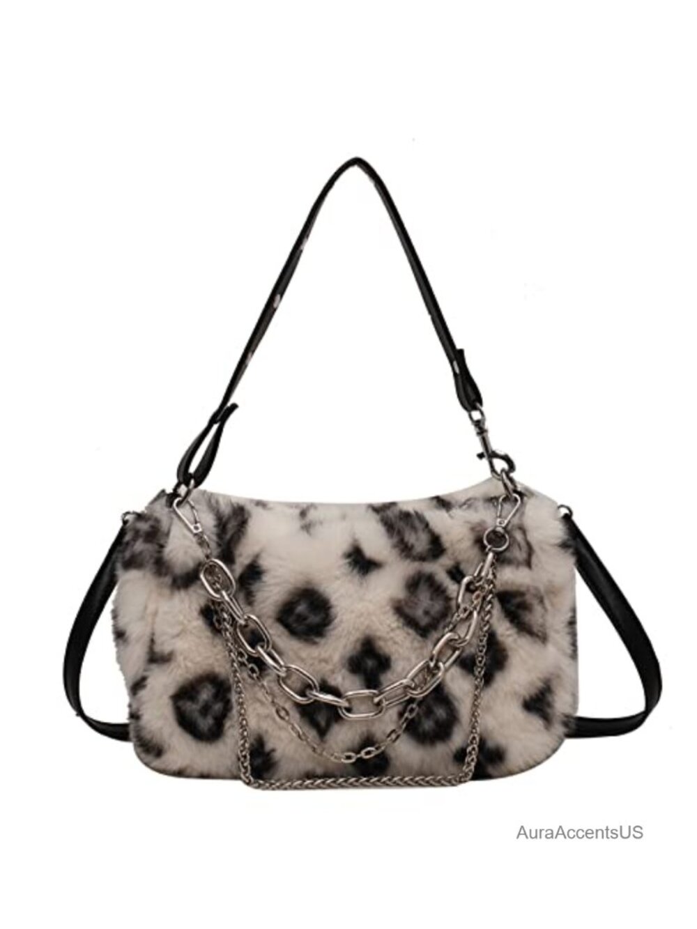Plush Faux Fur Leopard Print Crossbody Hobo Bag Chain Strap Y2K Purse